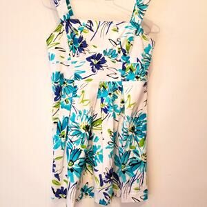 Perceptions Blue Teal White Floral Cotton Sun Dress Comfortable Women's Size 12P